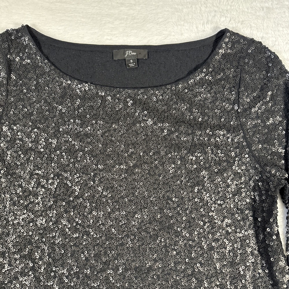 J crew Sequin top blouse women sz medium black 3/4 sleeve boatneck AE984 BLING